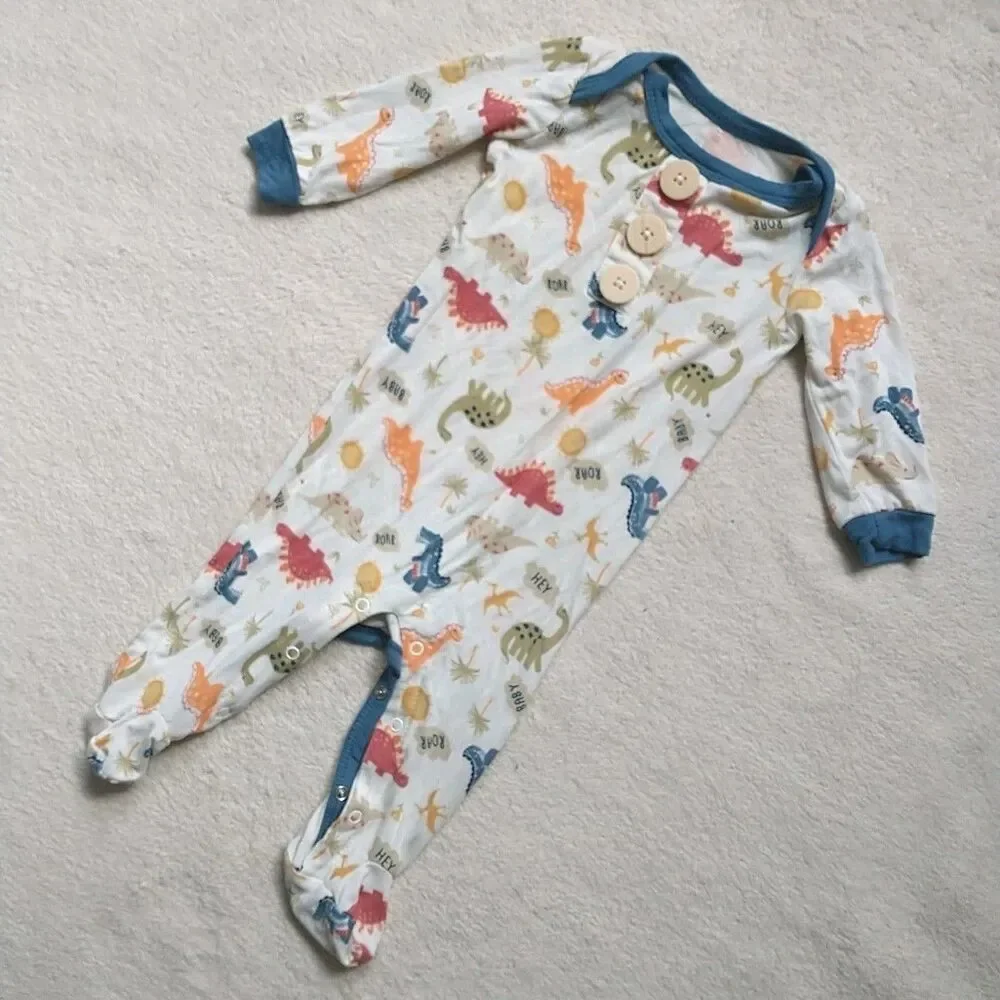 Milkberry One-piece Bodysuit Baby Boy 0-6M Dinosours Striped Bamboo Set Of 2